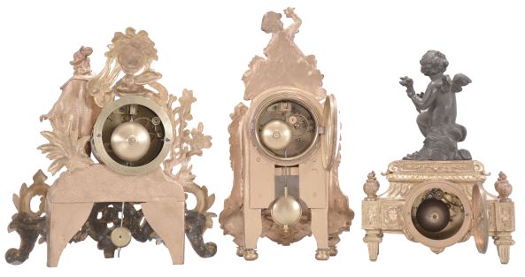 Clocks- 3 (Three) French: (1) Japy Frères & Cie, Paris, figural mantel clock, 8 day, time and strike, spring driven pendule de Paris movement in a gilt cast metal case featuring a finely dressed young man, c1865; (2) France, mantel clock, 8 day, time and strike, spring driven pendule de Paris movement in a gilt cast case with polychrome dial and panel surmounted by a boy holding a bird; (3) AD Mougin, Paris, mantel clock, 8 day, time and strike, spring driven movement with lever escapement in a gilt cast case with enamel dial, surmounted by a putto figure holding a torch, c1900.