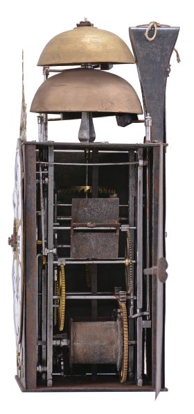 France, Comtoise clock, 8 day, time and strike with alarm, weight driven movement with verge escapement, thread suspension with rear-hanging pendulum in an iron post and plate frame, cast brass dial signed "P I M" with inset white enamel cartouches with blue Roman numerals, alarm ring with Arabic numerals, single iron hand, topped by a pierced brass fronton.