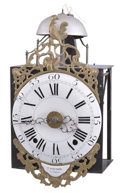 France, bronze-front Louis XV Comtoise clock, 8 day, time and strike with alarm, weight driven movement with alarm, verge escapement with thread suspension and rear-hanging pendulum in a posted frame, enamel dial with concave center and convex chapter, Roman numerals for the hours, large Arabic numerals at 5 minute intervals, brass alarm ring with Arabic numerals, two pierced iron hands, the clock is signed "F. Farjaire / À St. Étienne" on an enamel panel below the dial, cast bronze fronton with the Gallic rooster.