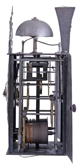 France, month-running Comtoise clock, 30 day, time and strike with alarm, weight driven movement, verge escapement with thread suspension and rear-hanging pendulum in an iron post and plate frame, cast brass dial with inset white enamel cartouche numerals with blue Roman numerals, outer ring with Arabic numerals every five minutes, brass alarm ring with Arabic numerals, two brass hands, applied brass spandrels and pivoted winding arbor shutters, all topped by a pierced brass fronton.