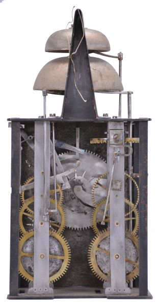 France, Comtoise clock, 8 day, time and strike with alarm, weight driven movement with verge escapement, thread suspension with rear-hanging pendulum in a iron post and plate frame, cast brass dial with a profile of Prince Louis, Dauphin of France surrounded by laurels and fleur de lis, inset white enamel cartouches with Roman numerals, single pierced iron hand, applied brass fleur de lis spandrels above the dial and pivoted winding arbor shutters below, and brass plaque stamped with the words "FAIT POUR JEAN BAPTISTE RIPOZ A COMARET ".