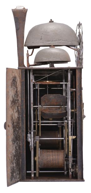 F. Farjaire, Saint-Étienne, France, three train Comtoise clock, 8 day, time and quarter strike with alarm, three bells, weight driven movement with verge escapement, thread suspension with rear-hanging pendulum in an iron post and plate frame, brass chapter with Roman numerals, Arabic numerals at 5 minute intervals on the outer rim, brass alarm ring with Arabic numerals, two iron hands, pivoted brass winding arbor shutters, engraved plaque with the maker