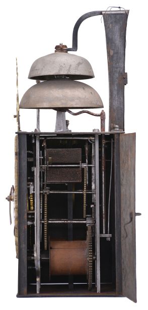 France, Comtoise clock, 8 day, time and strike with two bells, weight driven movement, verge escapement, thread suspension with rear-hanging pendulum in an iron post and plate frame, cast brass dial with two iron hands, floral motif and inset with 24 white enamel cartouche numerals, blue Roman numerals for the hours and black Arabic numerals every five minutes, flat brass winding arbor shutters below the dial, and pierced brass fronton.