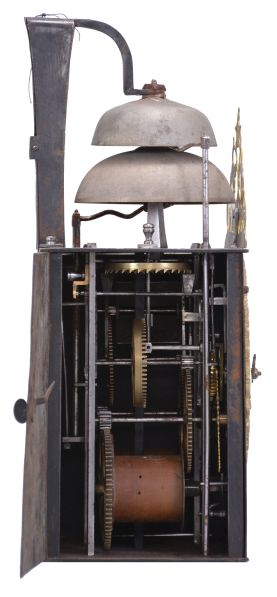 France, Comtoise clock, 8 day, time and strike with two bells, weight driven movement, verge escapement, thread suspension with rear-hanging pendulum in an iron post and plate frame, cast brass dial with two iron hands, floral motif and inset with 24 white enamel cartouche numerals, blue Roman numerals for the hours and black Arabic numerals every five minutes, flat brass winding arbor shutters below the dial, and pierced brass fronton.