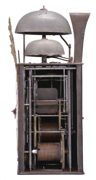 France, bronze-front Comtoise clock, 8 day, time and quarter strike with alarm, three bells, weight driven movement with verge escapement, thread suspension with rear-hanging pendulum in an iron post and plate frame, cast brass dial inset with 12 white enamel cartouches showing Roman numerals, Arabic numerals at 5 minute intervals on the outer rim, brass alarm ring with Arabic numerals, two iron hands, pivoted brass winding arbor shutters engraved with "A" and "M", all topped by cast fronton depicting trumpeters flanking a small forward facing Gallic rooster.