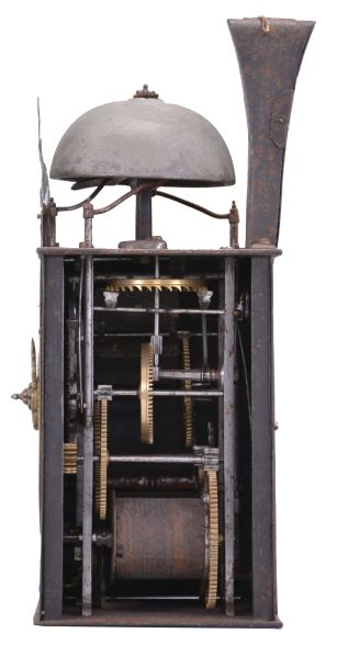 France, Comtoise clock, 8 day, time and strike with alarm, weight driven movement with verge escapement, thread suspension with rear-hanging pendulum in a iron post and plate frame, brass chapter ring with Roman numerals, brass alarm ring with Arabic numerals, pivoted winding arbor shutters, single pierced brass hand, all surmounted by a pierced brass fronton.