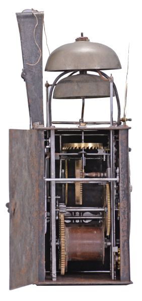 France, Comtoise clock, 8 day, time and strike with alarm, weight driven movement with verge escapement, thread suspension with rear-hanging pendulum in a iron post and plate frame, pewter chapter ring with engraved Roman numerals, brass alarm ring with Arabic numerals, pivoted brass winding arbor shutters with engraving, pierced brass fronton with engraving, and single brass fleur de lis hand.