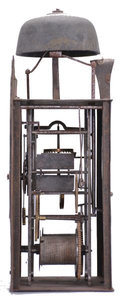 France, oversize Comtoise clock, 8 day, time and strike, weight driven movement with verge escapement, thread suspension with rear-hanging pendulum in an iron post and plate frame, 14 inch pewter chapter ring with Roman numerals, pierced brass spandrels, single iron hand in the form of a fleur de lis.