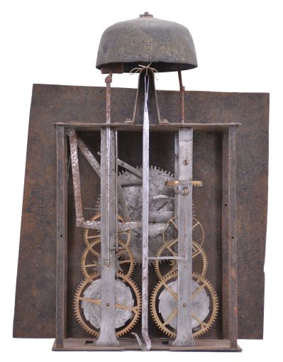 France, oversize Comtoise clock, 8 day, time and strike, weight driven movement with verge escapement, thread suspension with rear-hanging pendulum in an iron post and plate frame, 14 inch pewter chapter ring with Roman numerals, pierced brass spandrels, single iron hand in the form of a fleur de lis.