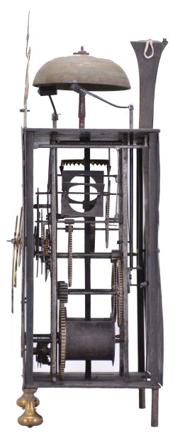 France, oversized Comtoise lantern clock, month running, time and strike with alarm, weight driven movement with verge escapement, rear-mounted thread suspension in a iron post and plate frame with turned brass feet in the front, pewter chapter ring with Roman numerals for the hours, outer ring with Arabic numerals every 5 minutes, brass alarm ring with Arabic numerals, pierced flat brass fronton and lower spandrels, and two brass hands.