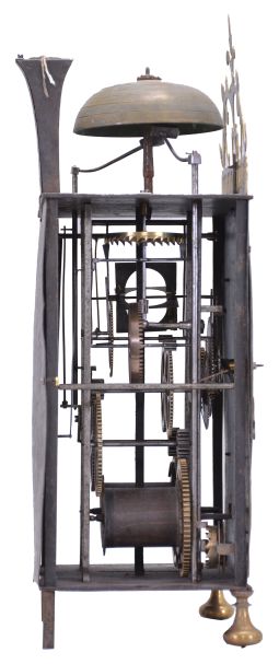 France, oversized Comtoise lantern clock, month running, time and strike with alarm, weight driven movement with verge escapement, rear-mounted thread suspension in a iron post and plate frame with turned brass feet in the front, pewter chapter ring with Roman numerals for the hours, outer ring with Arabic numerals every 5 minutes, brass alarm ring with Arabic numerals, pierced flat brass fronton and lower spandrels, and two brass hands.