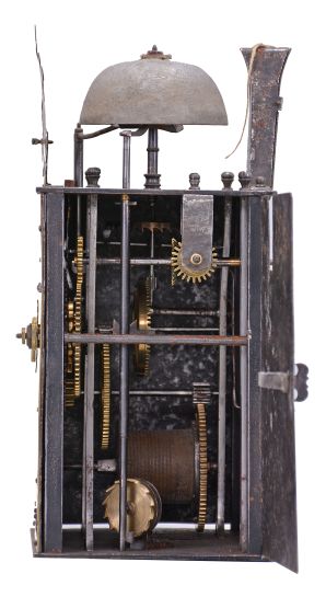 Brocard, Comté, France, Comtoise clock, 8 day, time and alarm, weight driven movement with verge escapement, thread suspension with rear-hanging pendulum in a iron post and plate frame, brass chapter ring with engraved Roman numerals, brass alarm ring with engraved Arabic numerals, flat brass fleur de lis spandrels and pivoted winding arbor shutters, engraved plaque below the dial reading "Brocard en Comté", single pierced brass hand, all topped with a pierced brass fronton.